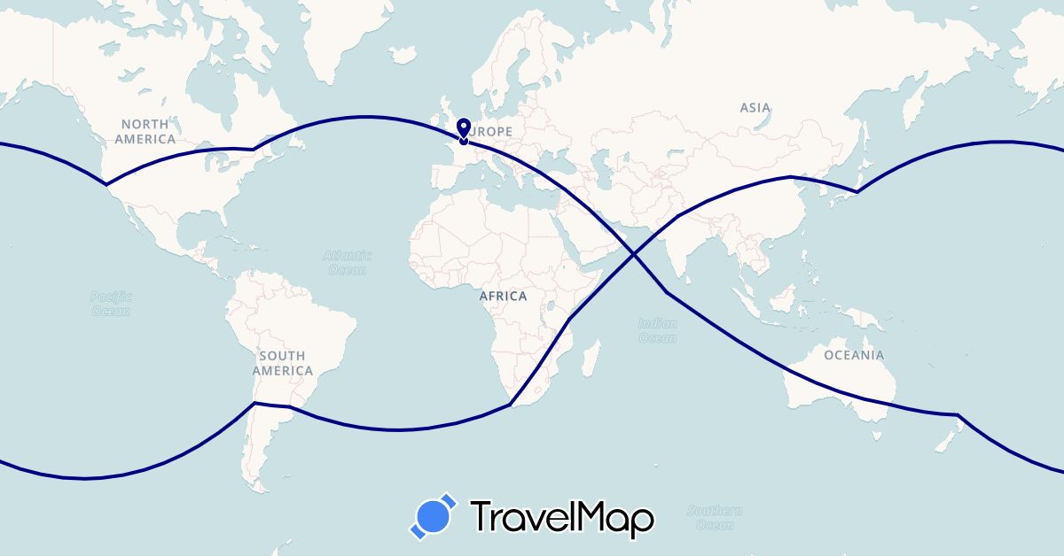 TravelMap itinerary: driving in Argentina, Australia, Canada, Chile, China, France, India, Japan, Maldives, New Zealand, Tanzania, United States, South Africa (Africa, Asia, Europe, North America, Oceania, South America)