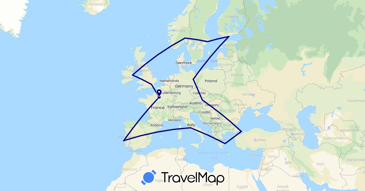 TravelMap itinerary: driving in Austria, Germany, Finland, France, United Kingdom, Greece, Ireland, Italy, Norway, Portugal, Sweden, Turkey (Asia, Europe)