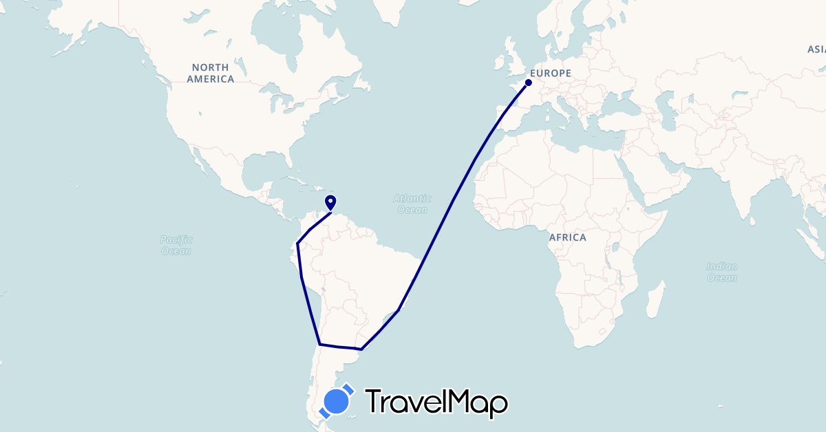 TravelMap itinerary: driving in Argentina, Brazil, Chile, Colombia, Ecuador, France, Peru, Uruguay, Venezuela (Europe, South America)